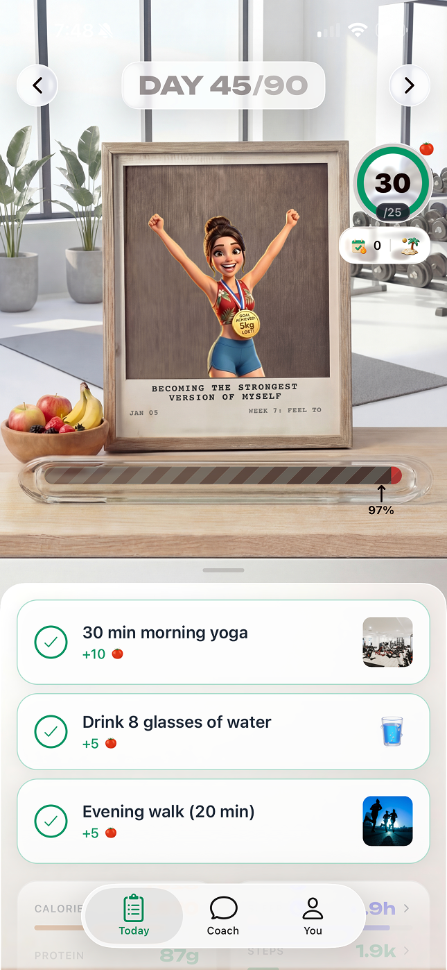 Daily missions screen showing Future You visualization and commitments