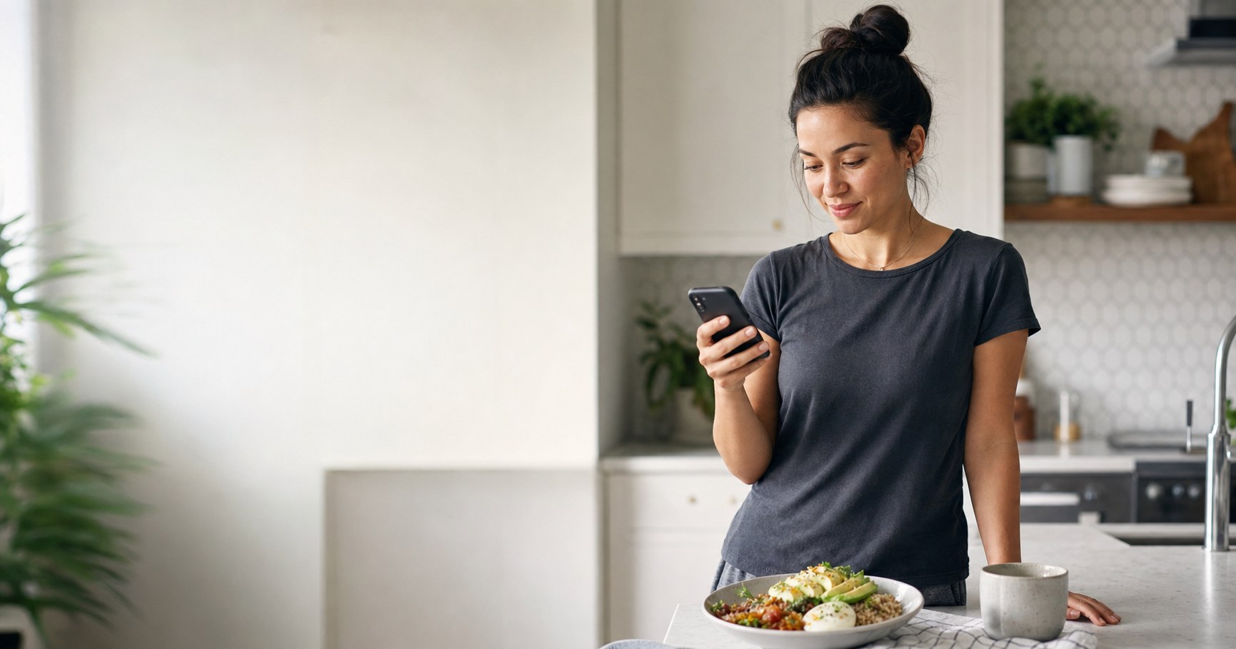 A quiet kitchen moment checking BodyBuddy on a phone