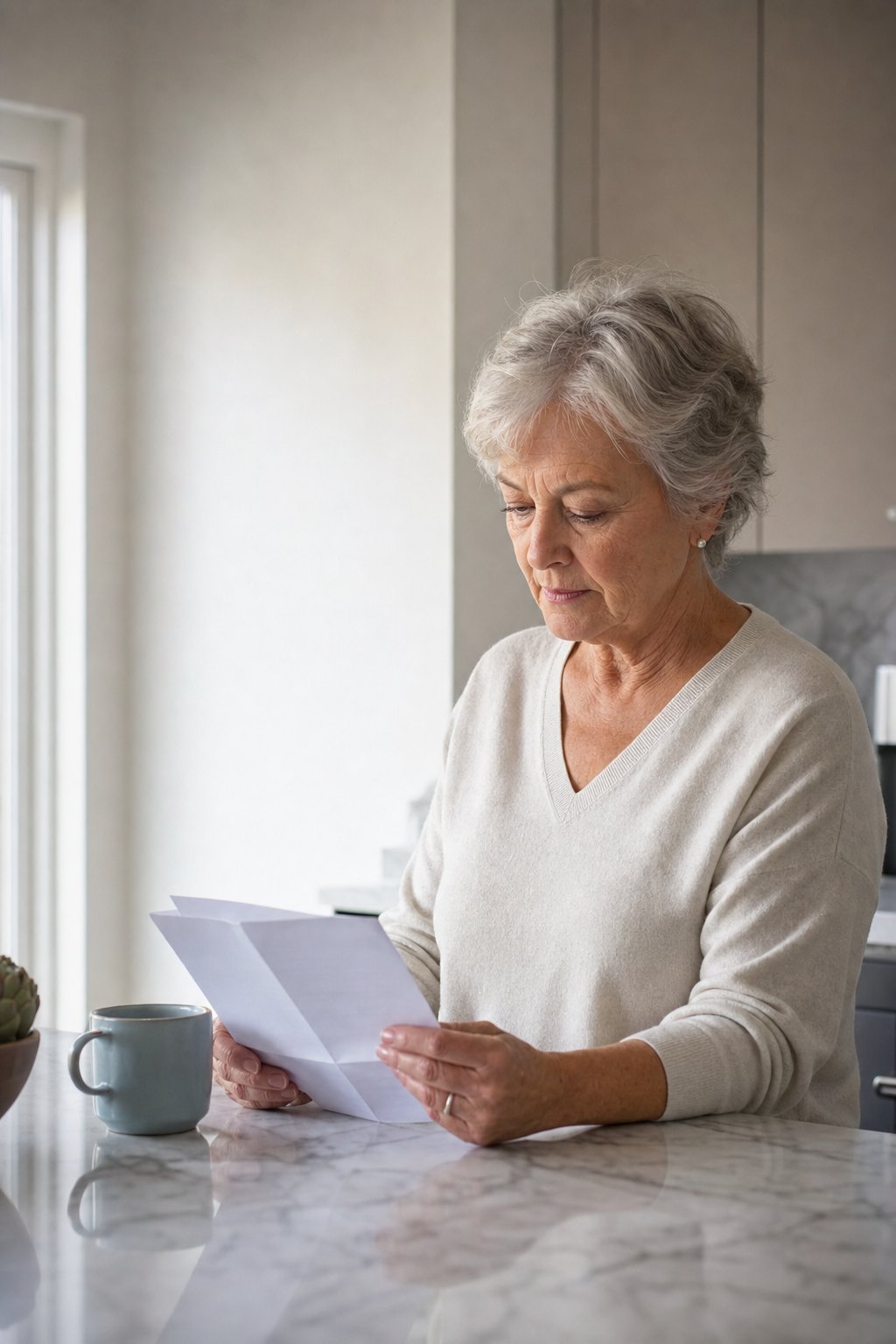 A woman at a kitchen counter reading a printed after-visit summary