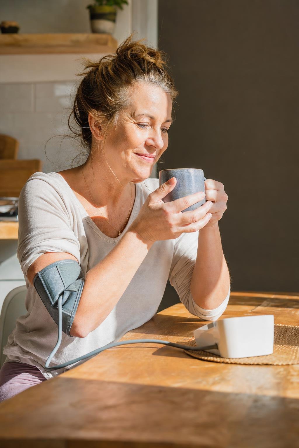 A woman at her kitchen table with a blood pressure cuff on her arm, smiling at her coffee