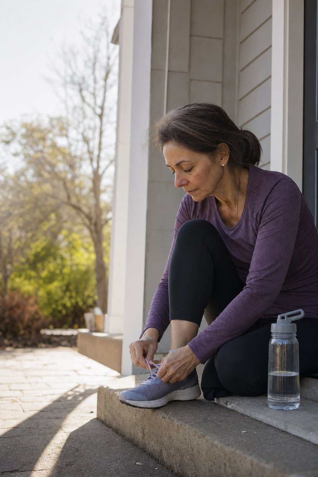 A woman lacing running shoes on a front step in the morning