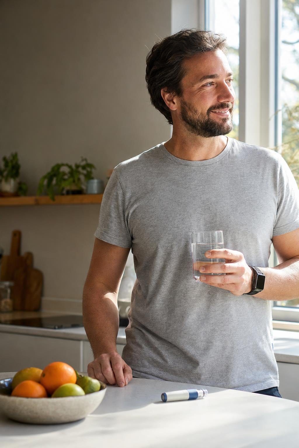 A man at his kitchen window at dawn with an injection pen and a glass of water