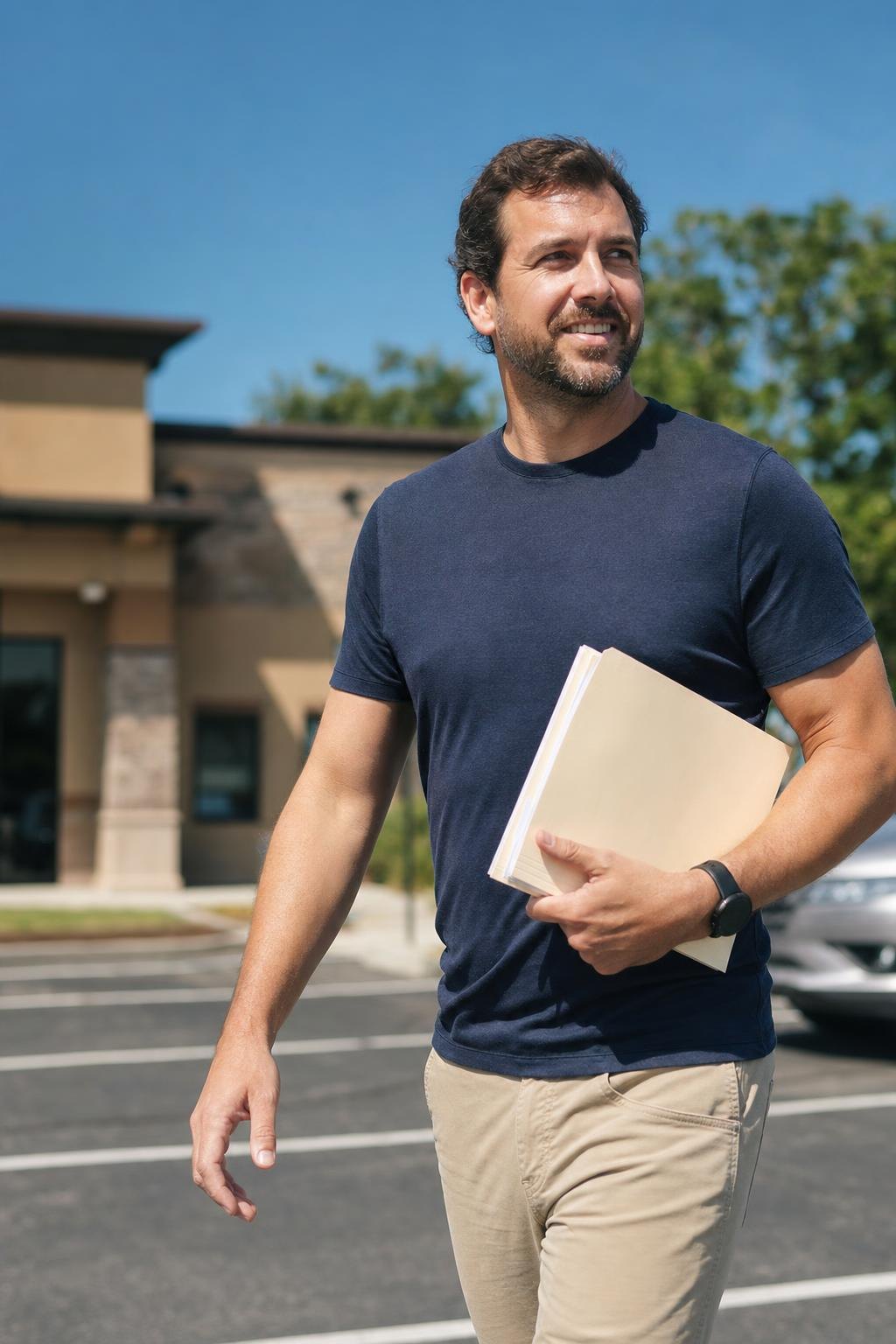 A man in his parked car outside a clinic, reading his visit papers