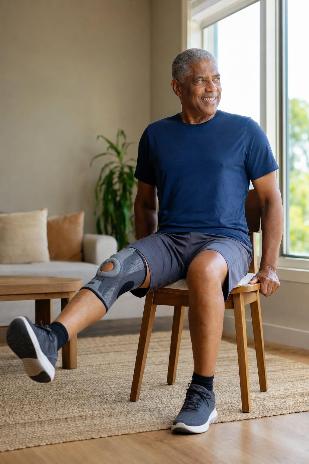 A man in his sixties doing a seated knee extension in a knee brace by a sunny window