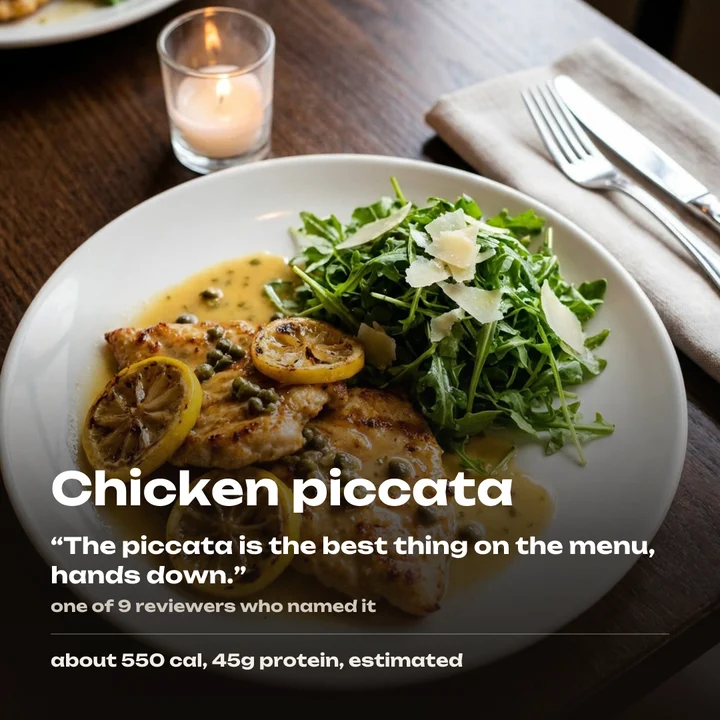Chicken piccata, about 550 cal and 45g protein