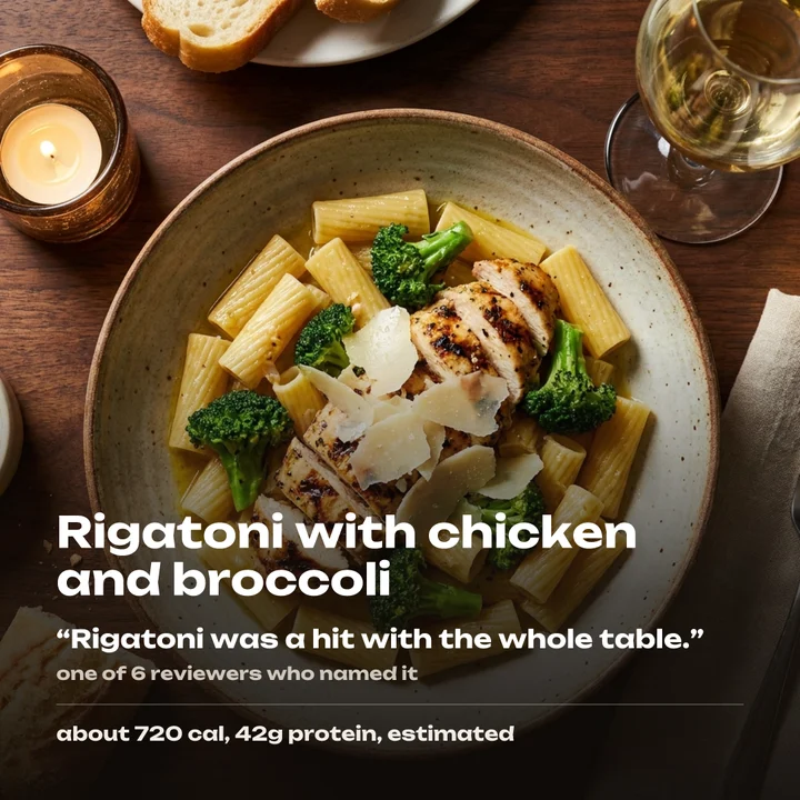 Rigatoni with chicken and broccoli, about 720 cal and 42g protein