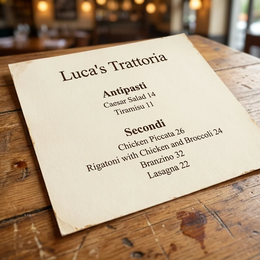 The printed dinner menu