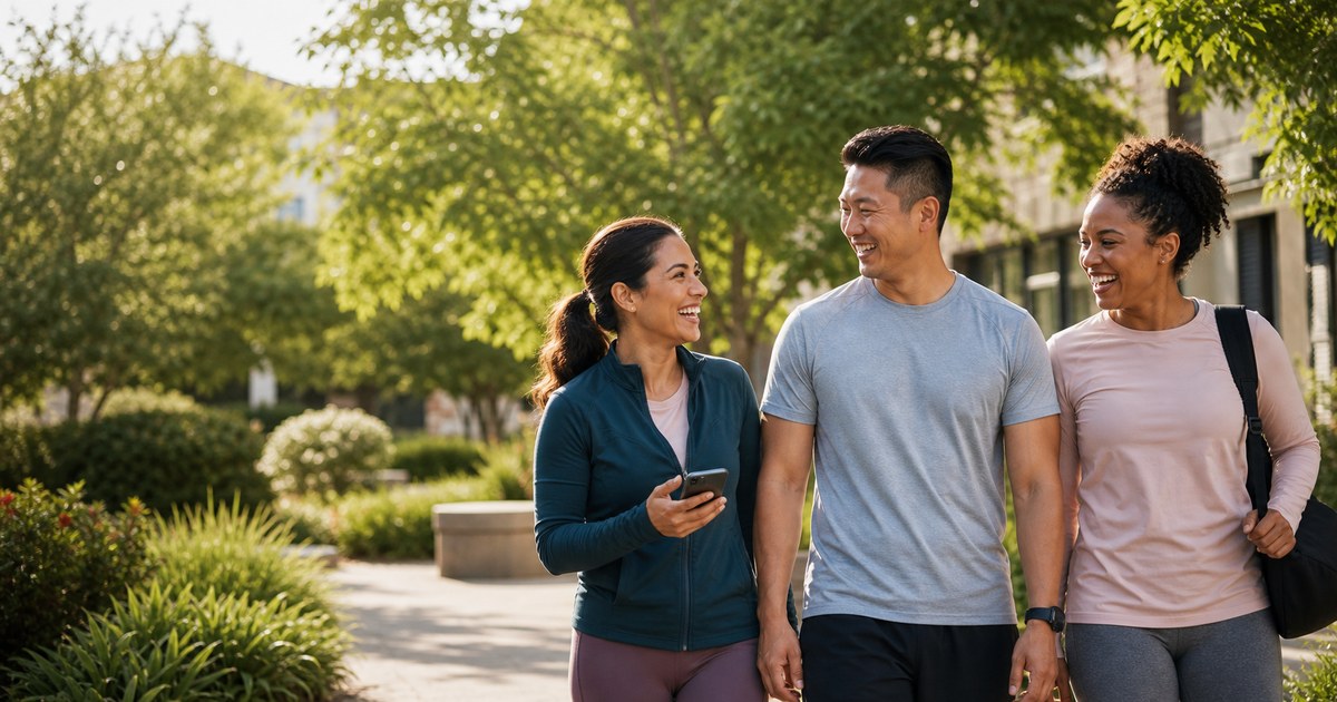 Adults walking together outside while checking a supportive health text