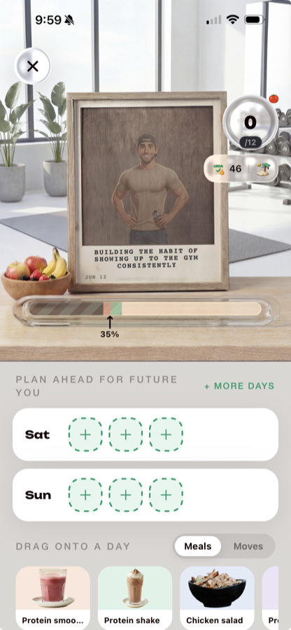 Future You avatar above the plan-ahead board with meals ready to drag onto the week