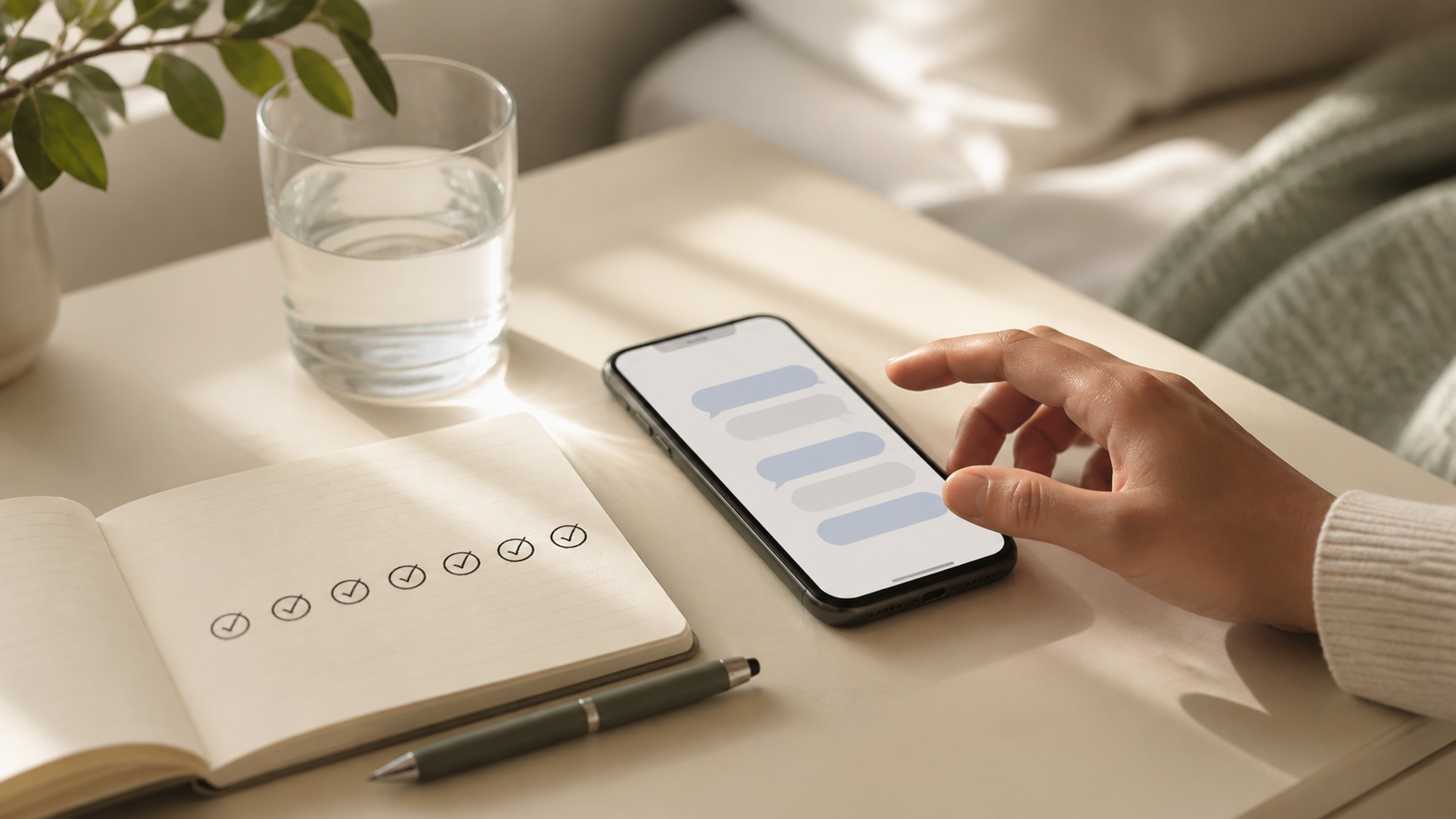 A person returning to a text conversation beside a seven-day checklist