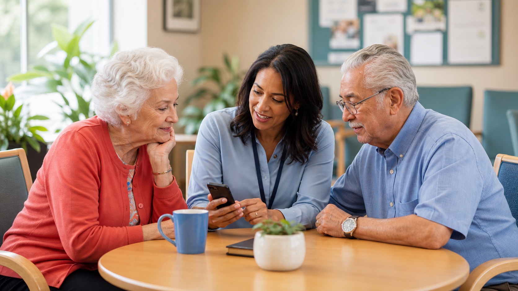 Senior wellness coordinator reviewing a phone check-in with two older adults